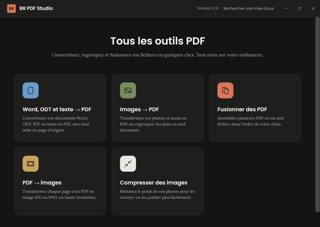 Écran d'accueil de BR PDF Studio avec ses cinq outils : Word vers PDF, images vers PDF, fusion, PDF vers images et compression.