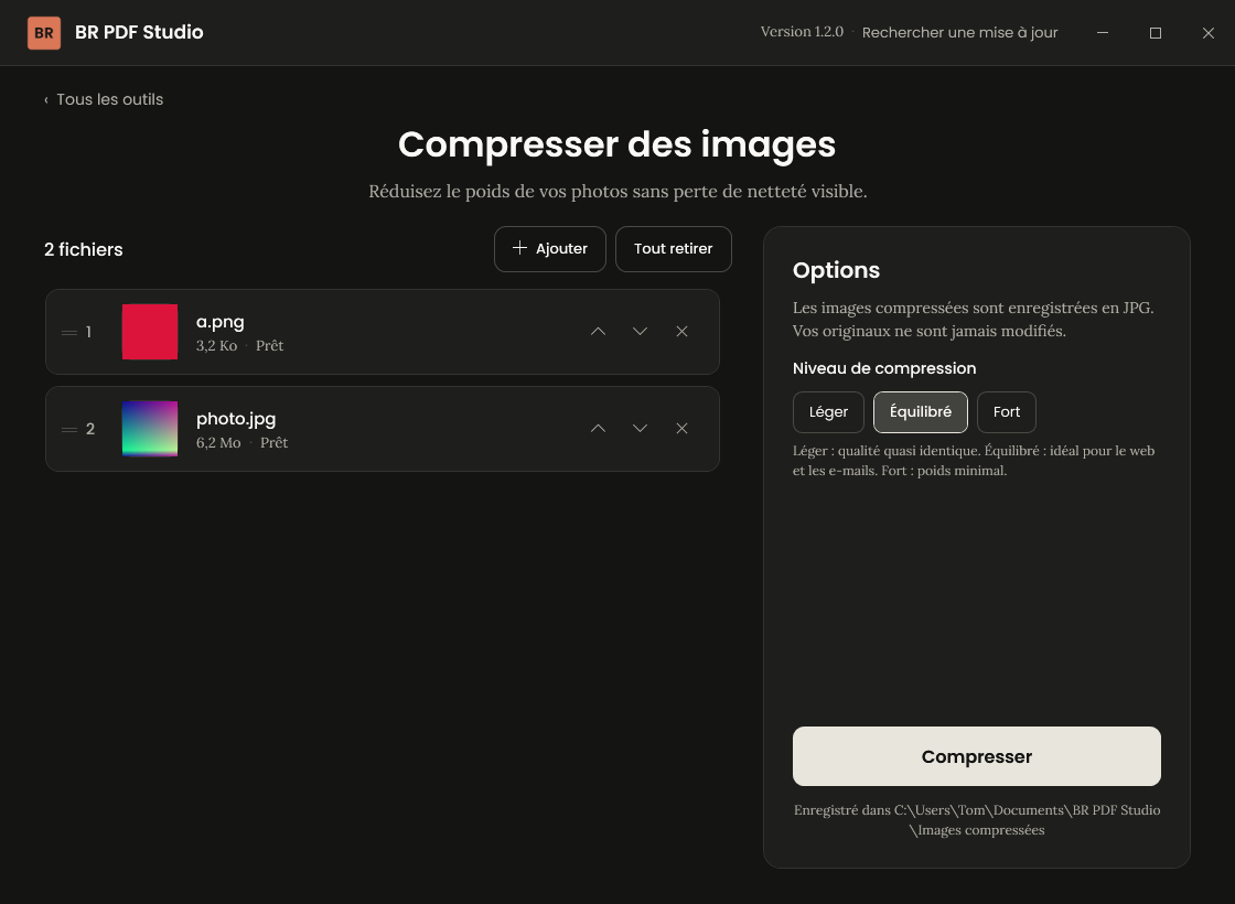 Compression d'images : liste des fichiers à gauche, niveaux de compression à droite.